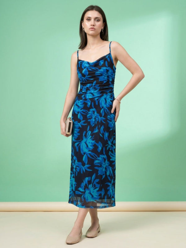Navy Blue floral print cowl neck bodycon maxi dress