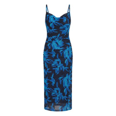 Navy Blue floral print cowl neck bodycon maxi dress