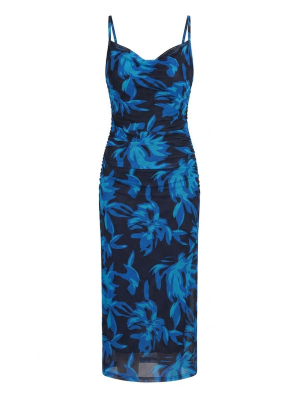 Navy Blue floral print cowl neck bodycon maxi dress
