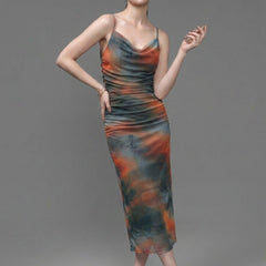 Brown abstract print cowl neck bodycon maxi dress