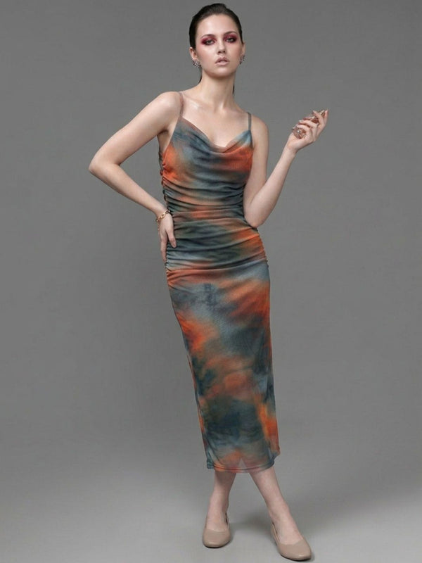 Brown abstract print cowl neck bodycon maxi dress