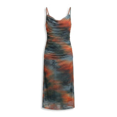 Brown abstract print cowl neck bodycon maxi dress