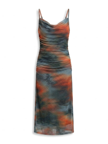 Brown abstract print cowl neck bodycon maxi dress