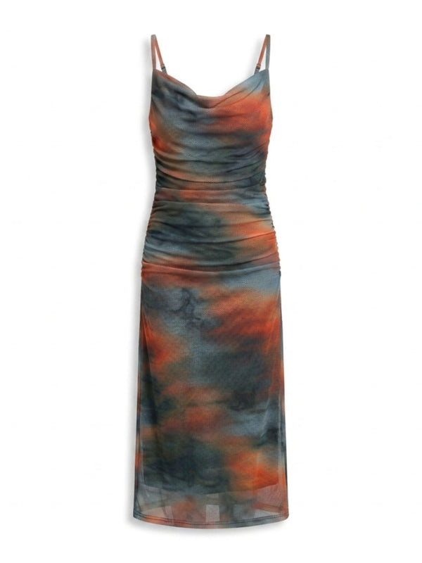Brown abstract print cowl neck bodycon maxi dress