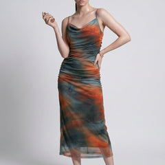 Brown abstract print cowl neck bodycon maxi dress