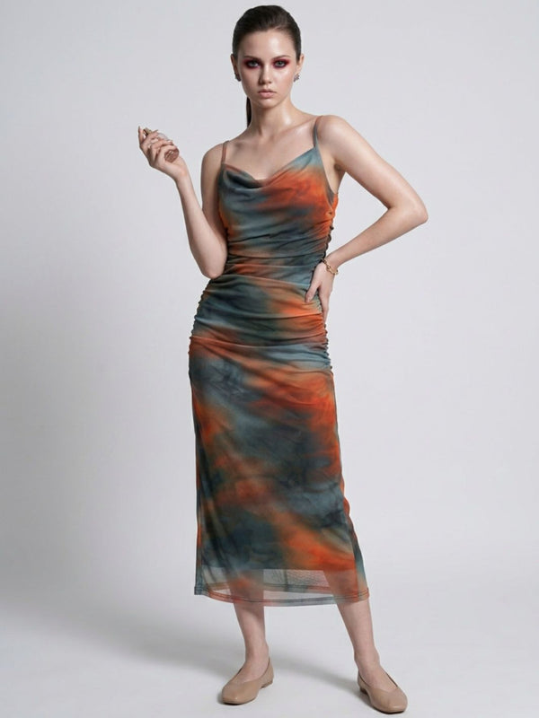 Brown abstract print cowl neck bodycon maxi dress