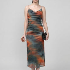 Brown abstract print cowl neck bodycon maxi dress