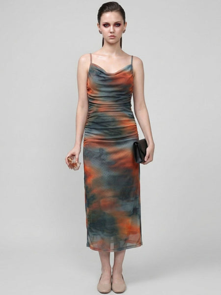 Brown abstract print cowl neck bodycon maxi dress