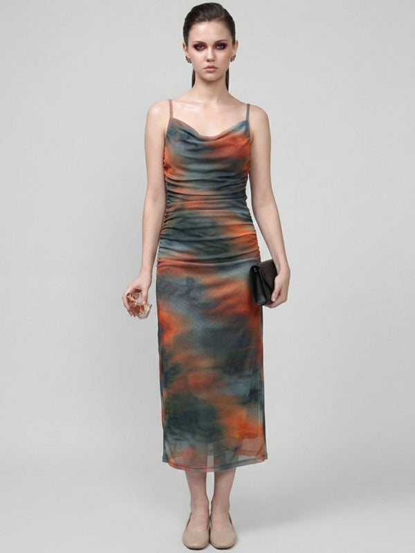 Brown abstract print cowl neck bodycon maxi dress