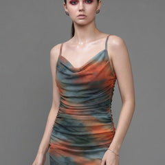 Brown abstract print cowl neck bodycon maxi dress