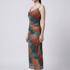 Brown abstract print cowl neck bodycon maxi dress