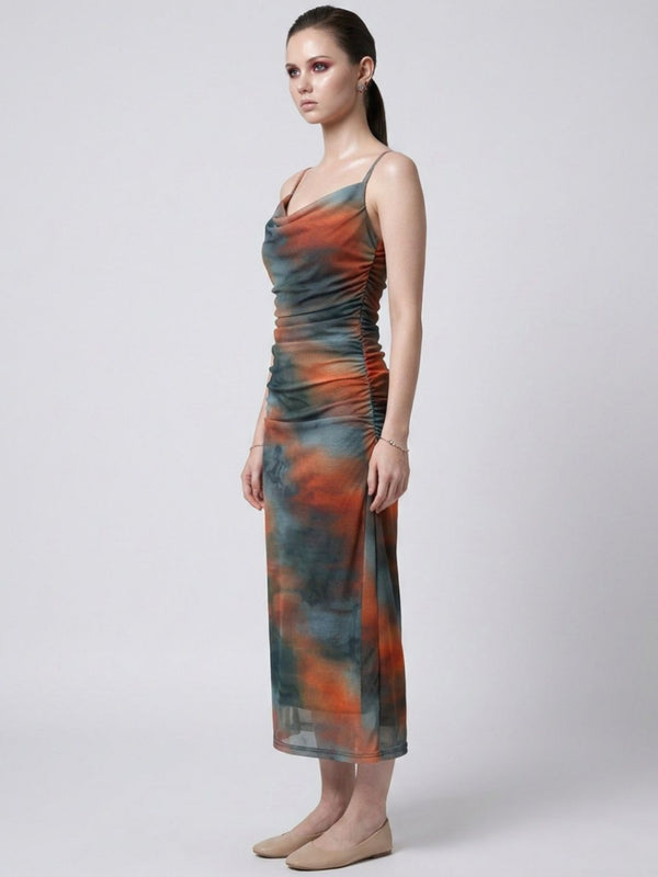 Brown abstract print cowl neck bodycon maxi dress