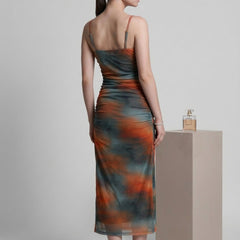 Brown abstract print cowl neck bodycon maxi dress