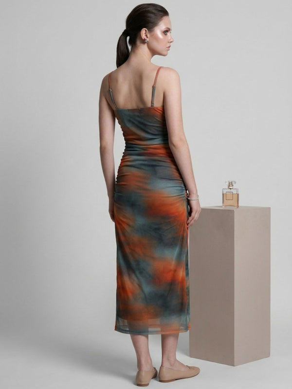 Brown abstract print cowl neck bodycon maxi dress