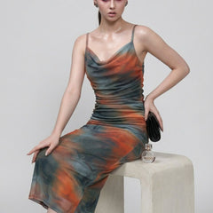 Brown abstract print cowl neck bodycon maxi dress