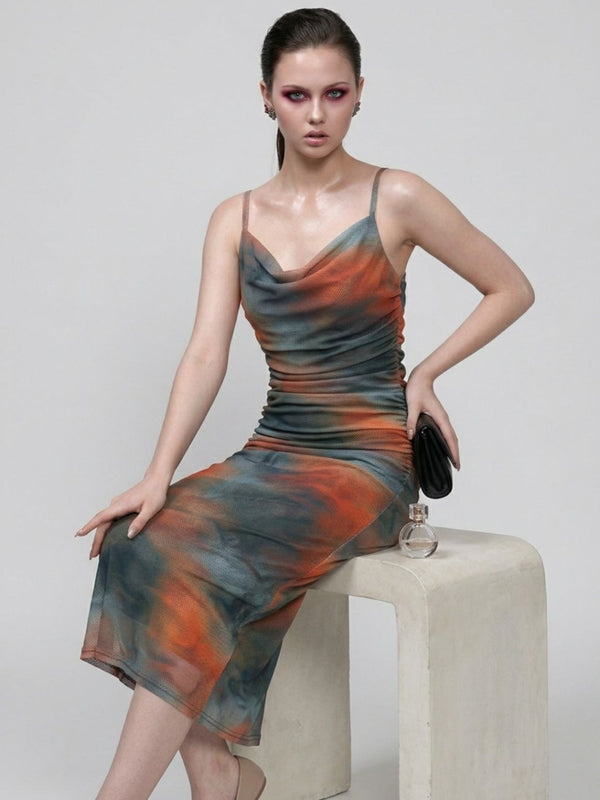 Brown abstract print cowl neck bodycon maxi dress