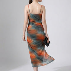 Brown abstract print cowl neck bodycon maxi dress