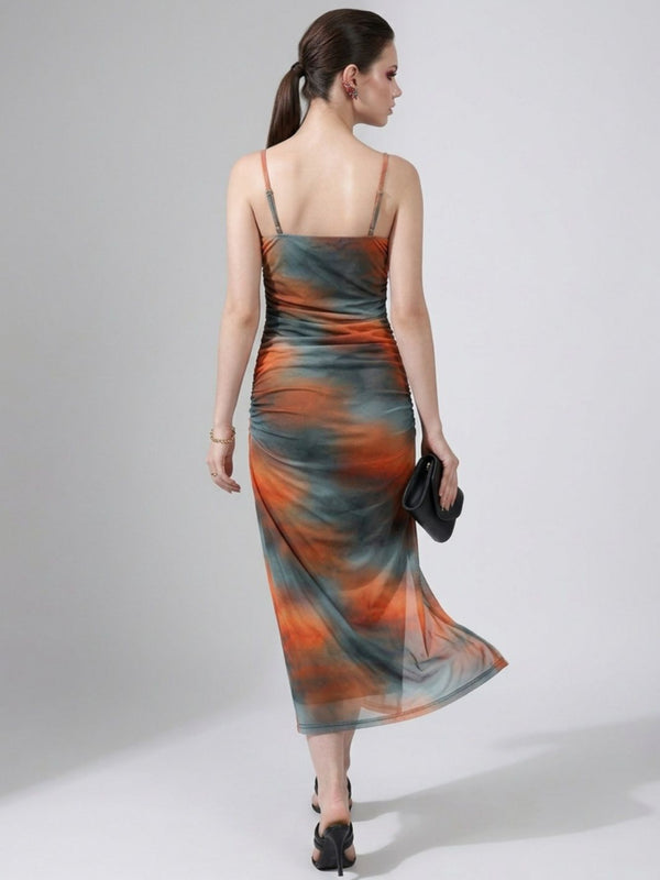 Brown abstract print cowl neck bodycon maxi dress