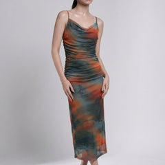 Brown abstract print cowl neck bodycon maxi dress