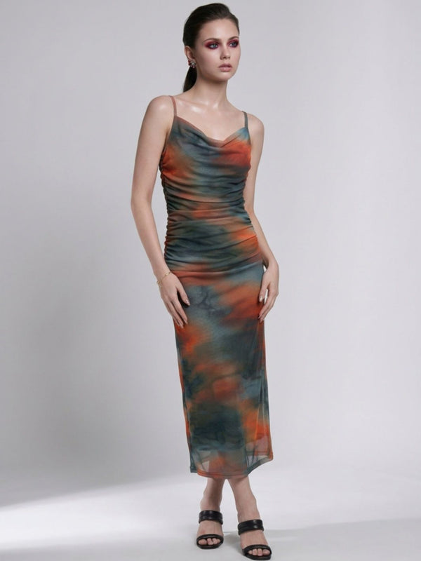 Brown abstract print cowl neck bodycon maxi dress