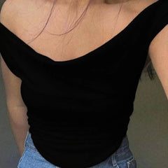 Istyle Can Black Women's Solid/Plain Asymmetric Hem Stretchable Draped Crop Top Istyle Can