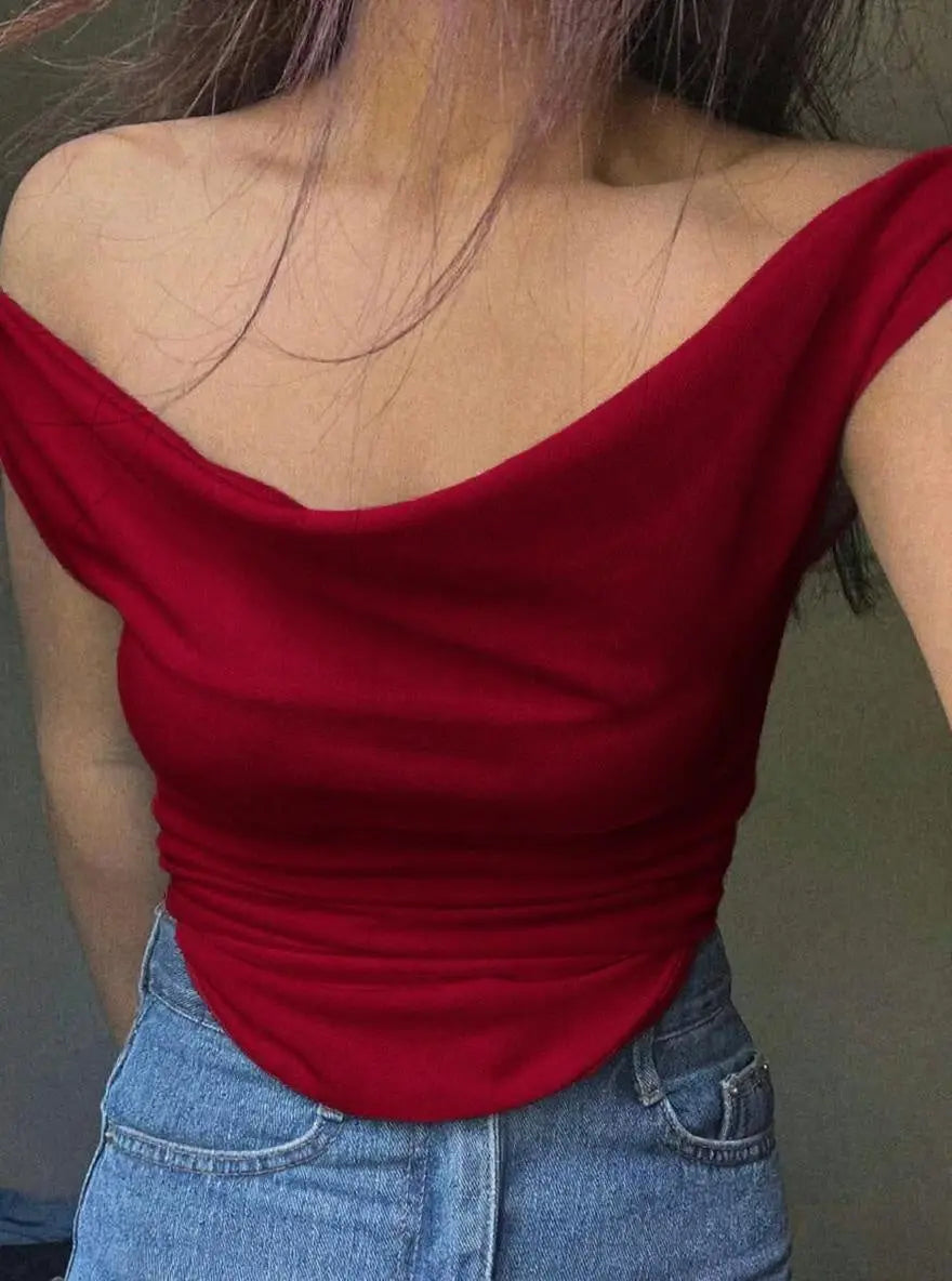 Istyle Can Maroon Women's Solid/Plain Asymmetric Hem Stretchable Draped Crop Top Secondary image