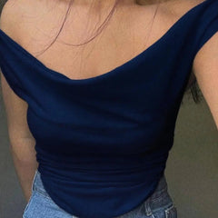 Istyle Can Navy Blue Women's Solid/Plain Asymmetric Hem Stretchable Draped Crop Top Istyle Can