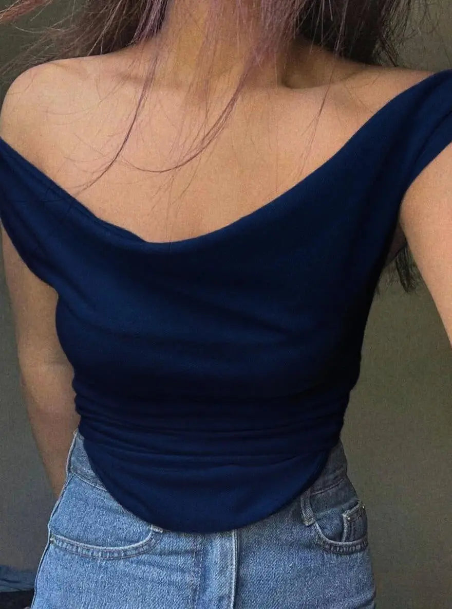 Istyle Can Navy Blue Women's Solid/Plain Asymmetric Hem Stretchable Draped Crop Top Istyle Can