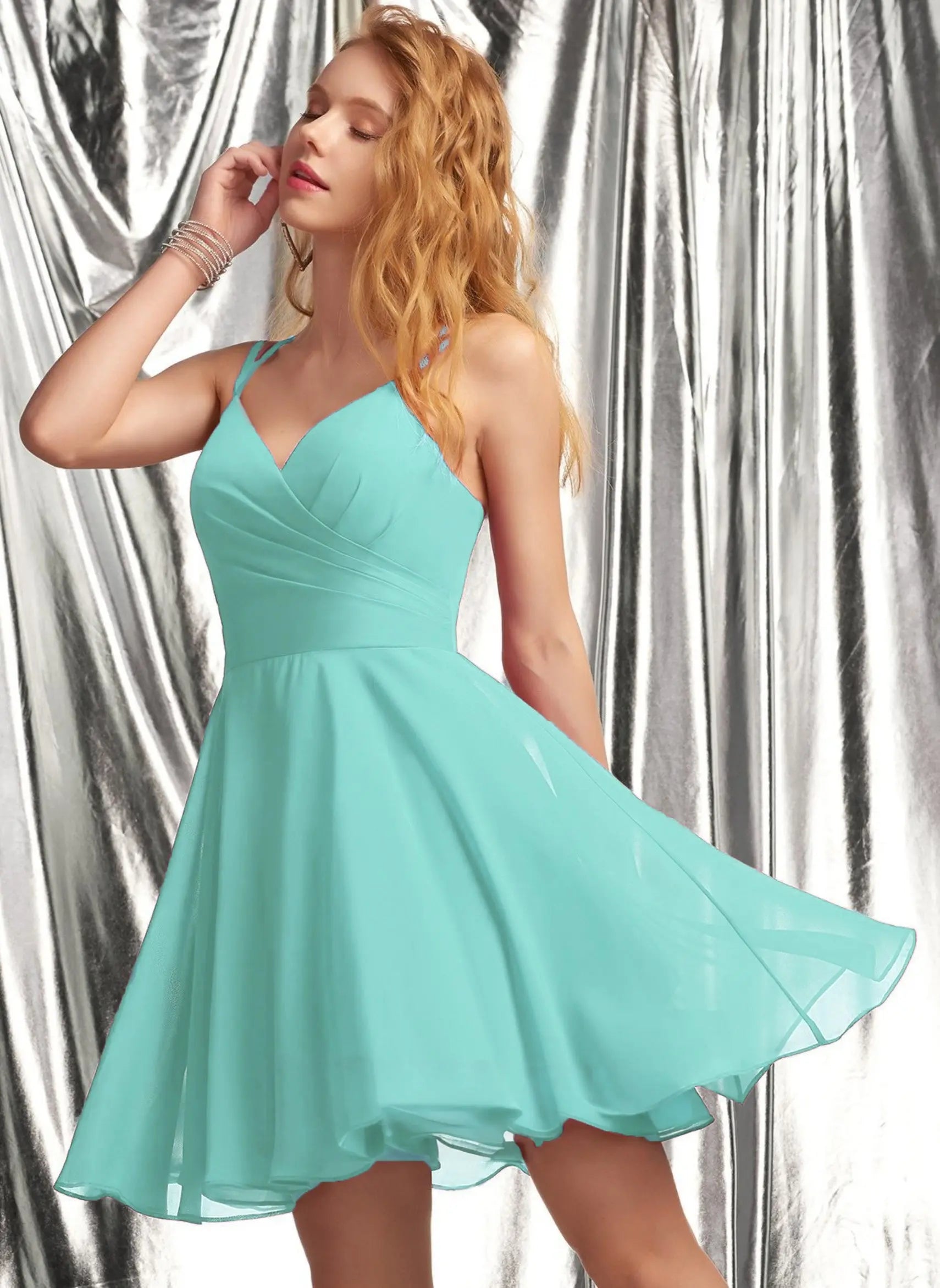 Istyle Can Solid Sky Blue A-Line V-Neck Chiffon Homecoming & Prom Party Dress Secondary image