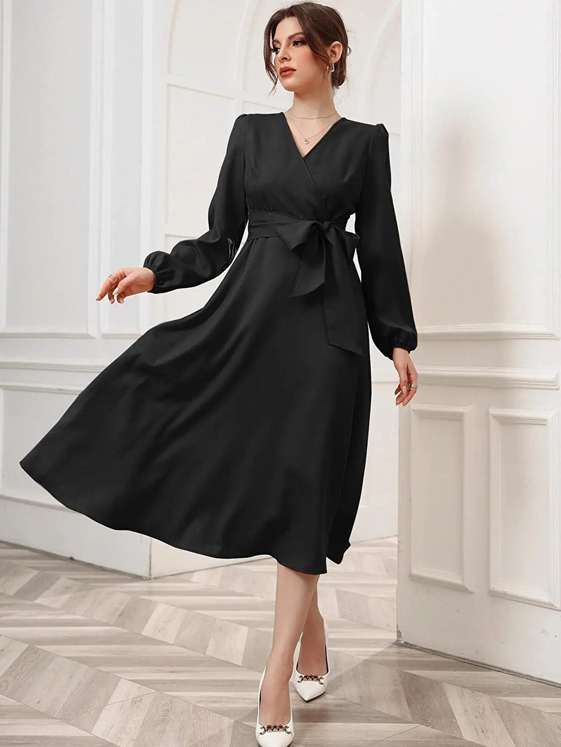 Black Belted Wrap Dress with Bishop Sleeves Surplice Neck High Waist & Flared Hem Midi Length