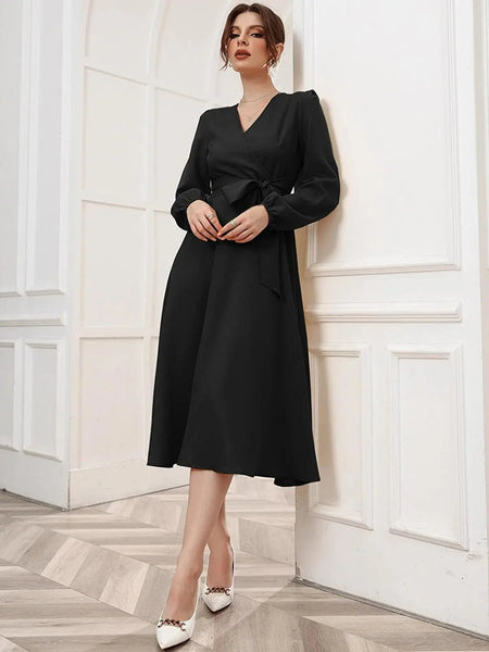 Black Belted Wrap Dress with Bishop Sleeves Surplice Neck High Waist & Flared Hem Midi Length