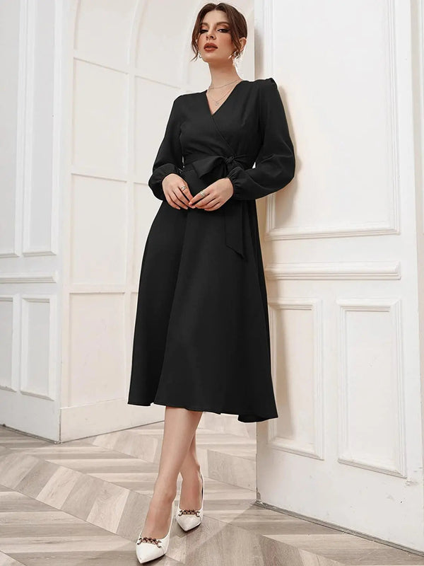 Black Belted Wrap Dress with Bishop Sleeves Surplice Neck High Waist & Flared Hem Midi Length