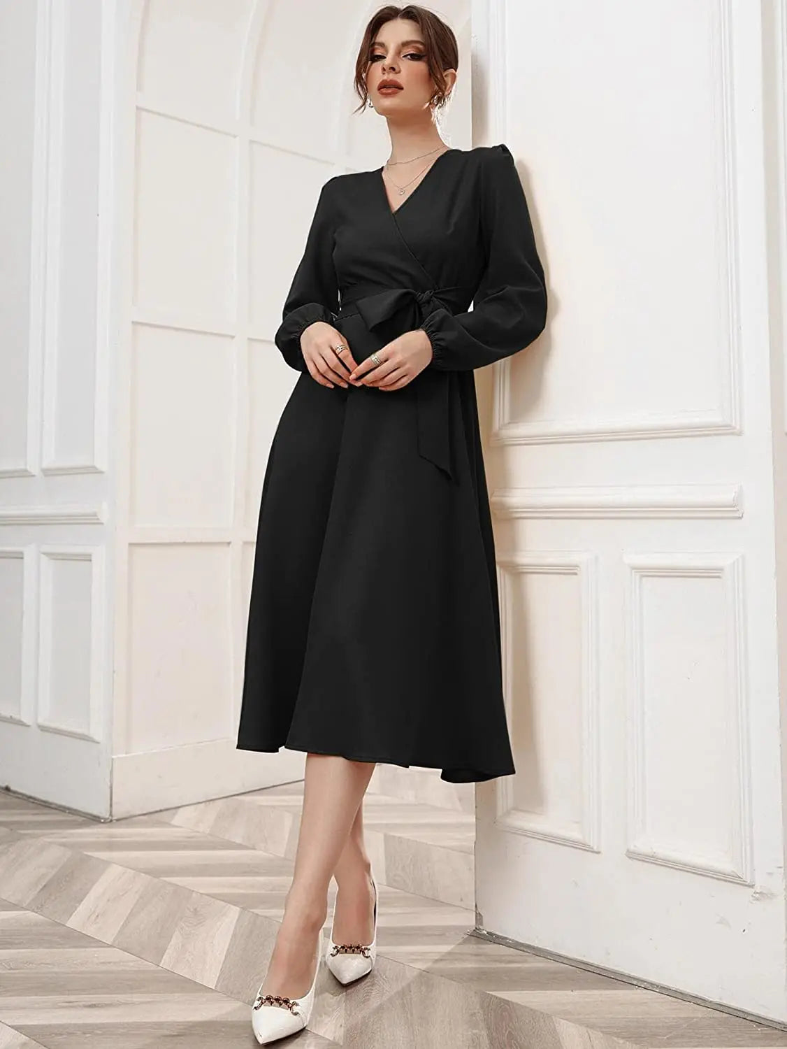 Black Belted Wrap Dress with Bishop Sleeves Surplice Neck High Waist & Flared Hem Midi Length