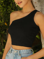 Black Solid Ribbed Sleeveless Single Shoulder Stretchable Slim Fit Crop Tank Top