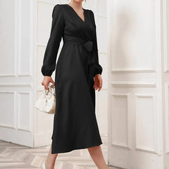 Black Belted Wrap Dress with Bishop Sleeves Surplice Neck High Waist & Flared Hem Midi Length