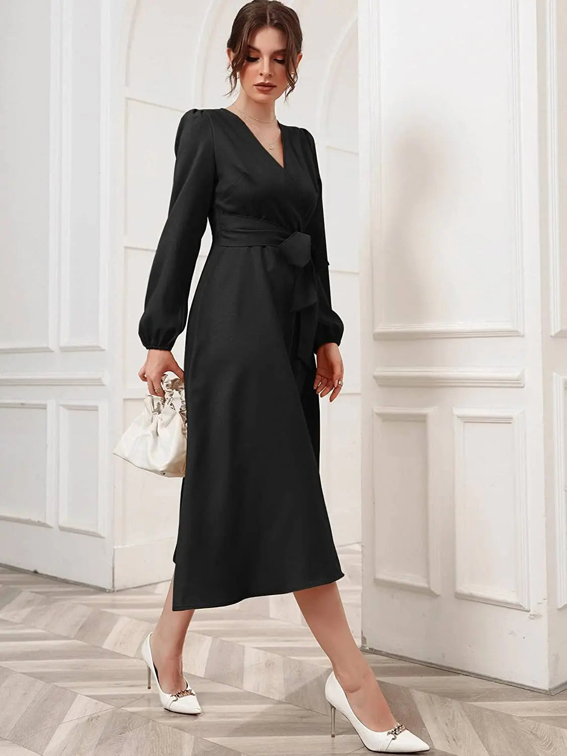 Black Belted Wrap Dress with Bishop Sleeves Surplice Neck High Waist & Flared Hem Midi Length Main image