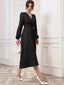 Black Belted Wrap Dress with Bishop Sleeves Surplice Neck High Waist & Flared Hem Midi Length