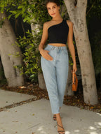 Black Solid Ribbed Sleeveless Single Shoulder Stretchable Slim Fit Crop Tank Top