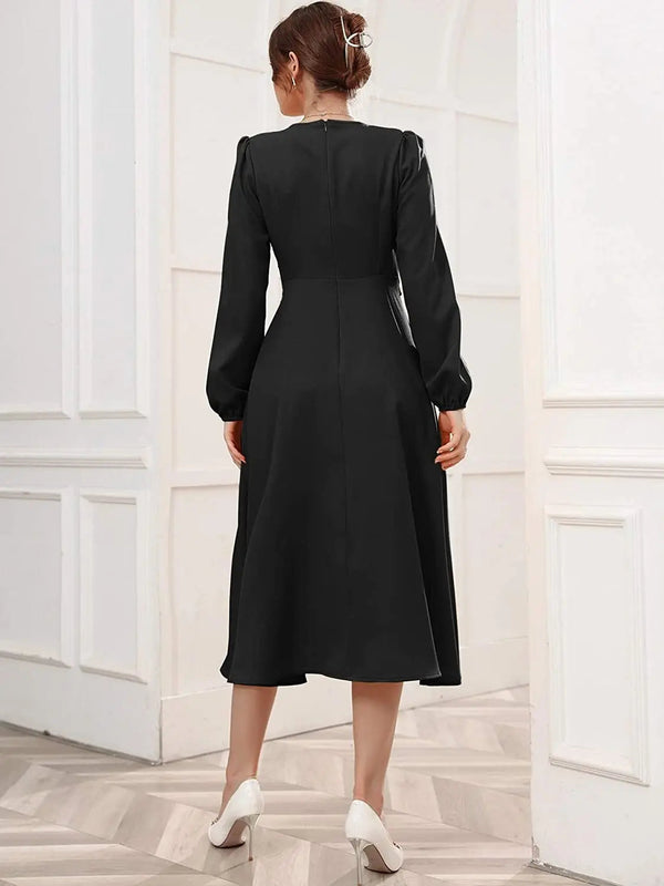 Black Belted Wrap Dress with Bishop Sleeves Surplice Neck High Waist & Flared Hem Midi Length