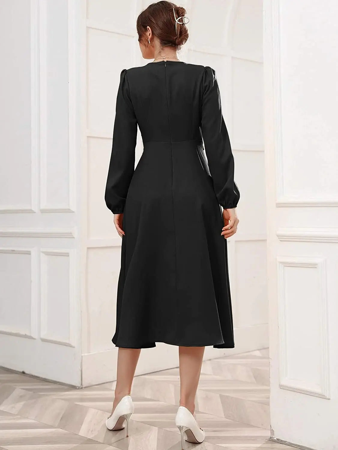 Black Belted Wrap Dress with Bishop Sleeves Surplice Neck High Waist & Flared Hem Midi Length