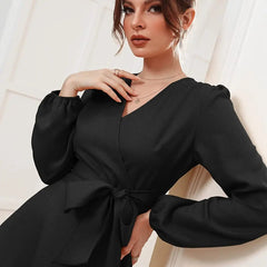 Black Belted Wrap Dress with Bishop Sleeves Surplice Neck High Waist & Flared Hem Midi Length
