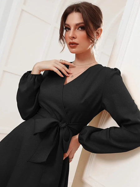 Black Belted Wrap Dress with Bishop Sleeves Surplice Neck High Waist & Flared Hem Midi Length