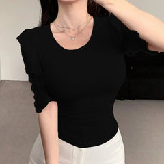 Black Ribbed Knit Ruffle Half Sleeves Korean Fashion Slim fit Top