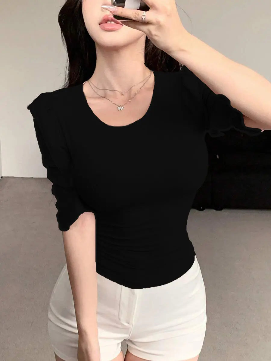 Black Ribbed Knit Ruffle Half Sleeves Korean Fashion Slim fit Top Main image