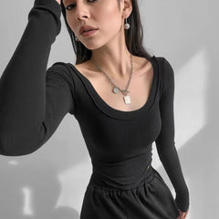 Istyle Can Black Women’s U-Neck Long Sleeve Slim Fit Crop Top My Store