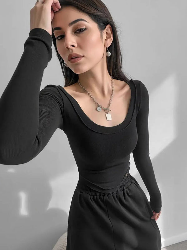 Istyle Can Black Women’s U-Neck Long Sleeve Slim Fit Crop Top My Store