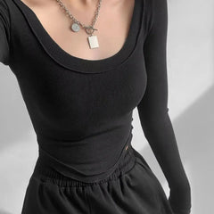 Istyle Can Black Women’s U-Neck Long Sleeve Slim Fit Crop Top My Store