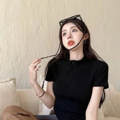 Istyle Can Polyester Women's Top Solid Short Sleeve Ribbed Asymmetric Hem Casual T-Shirt Istyle Can
