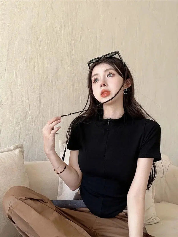 Istyle Can Polyester Women's Top Solid Short Sleeve Ribbed Asymmetric Hem Casual T-Shirt Istyle Can