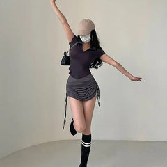 Istyle Can Polyester Women's Top Solid Short Sleeve Ribbed Asymmetric Hem Casual T-Shirt Istyle Can